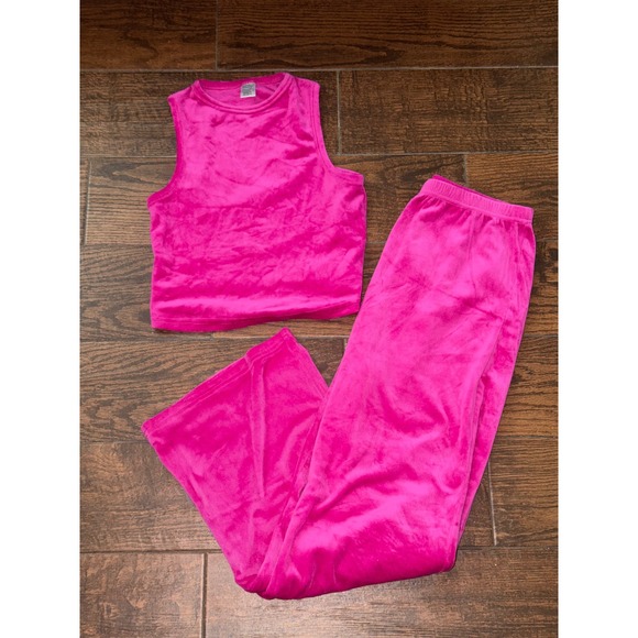 Other - Hot Pink Velour Lounge Set Sleeveless Crop Top Wide Leg Pants M/L 2 Piece Set